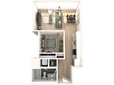 A top-down view of a small apartment with a kitchen, living room, and bathroom.